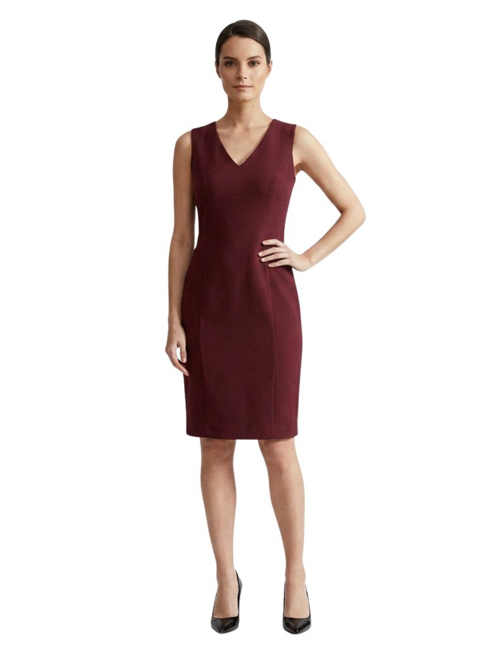 White House Black Market Sleeveless V-Neck Midi Dress in Burgundy